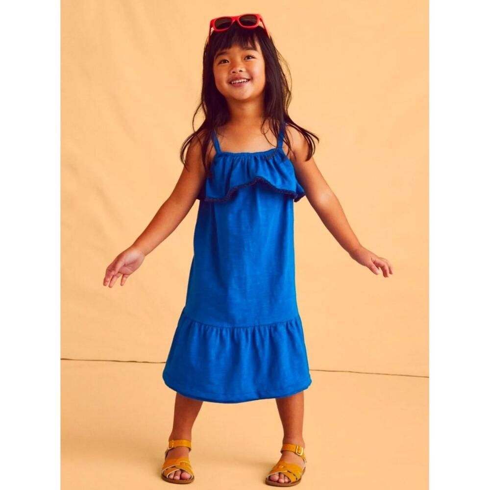 Tea Collection Greek Mykonos Blue Tassel Trim Ruffle Dress, 6 (k7)